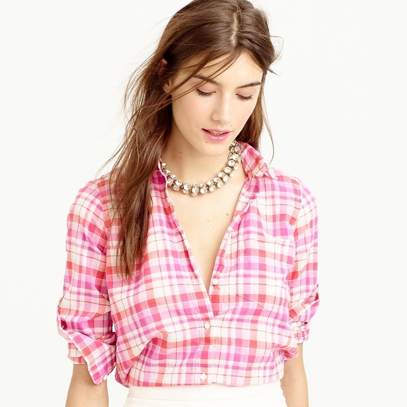J. Crew Tops - J. Crew Boy Shirt in Pink Crinkle Plaid